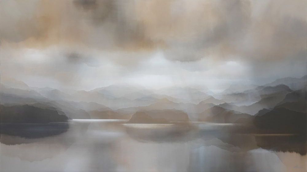 Sunwashed Serenade original abstracted landscape painting by renowned NZ artist Greer Clayton at Parnell Gallery Auckland NZ