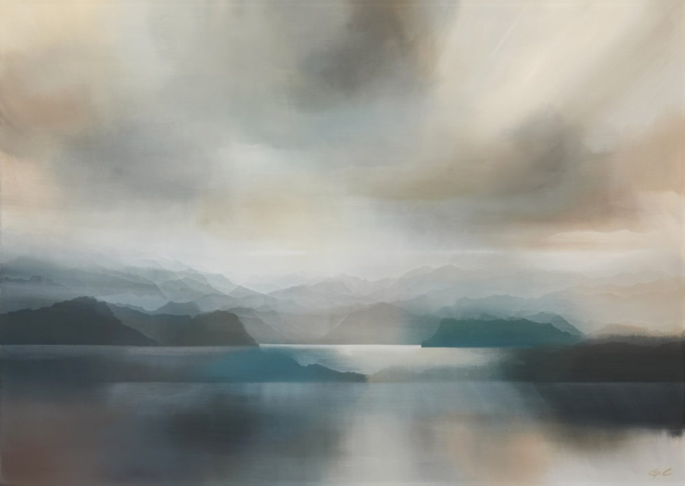 Fleeting Headland original abstracted landscape painting by renowned NZ artist Greer Clayton at Parnell Gallery Auckland NZ