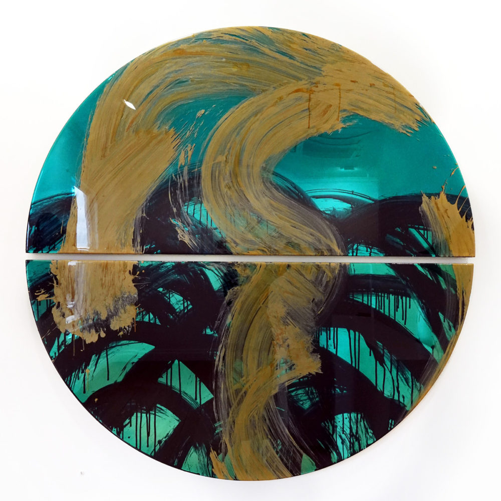 Sally Bulling, Poolside Dreamers - Diptych original contemporary abstract resin painting at Parnell Gallery Auckland NZ