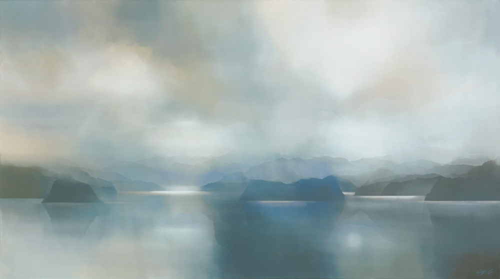 Island Apparition original abstracted landscape painting by renowned NZ artist Greer Clayton at Parnell Gallery Auckland NZ