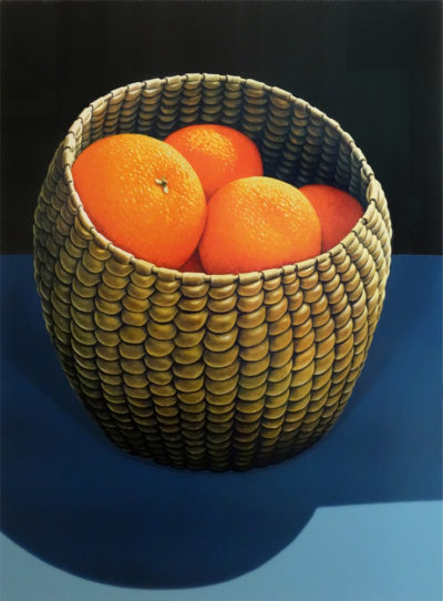 Michael Smither Oranges in Seagrass Basket Limited Editin Screenprint available from Parnell Gallery