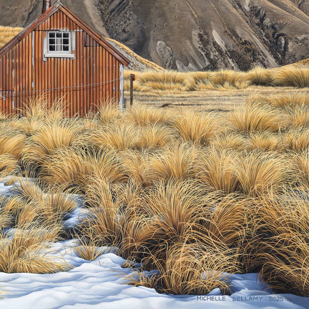 Camp Stream Hut limited edition print by Michelle Bellamy available to purchase from Parnell Gallery