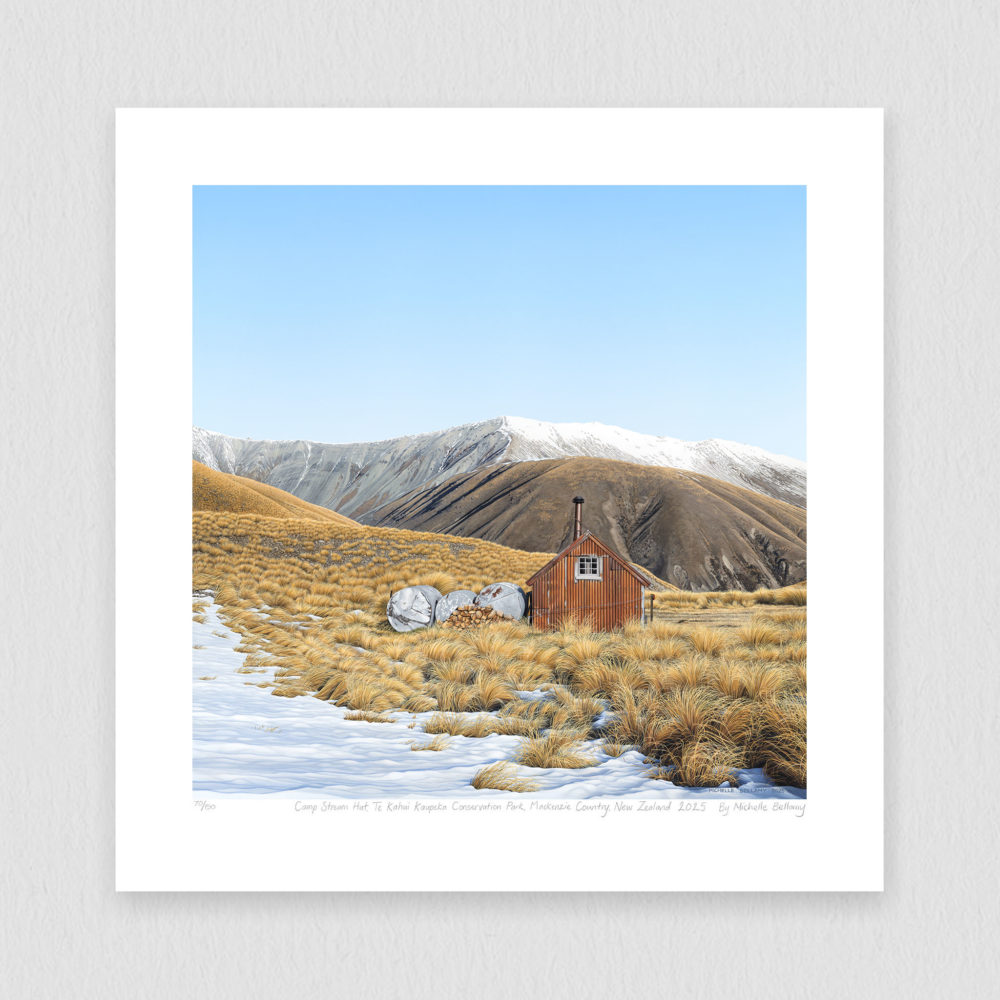 Camp Stream Hut limited edition print by Michelle Bellamy available to purchase from Parnell Gallery